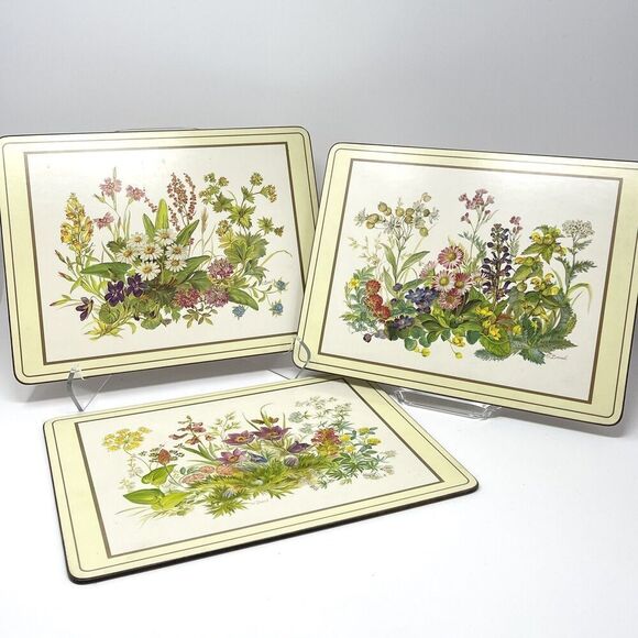 Vintage Pimpernel Hard Place Mats Meadow Flowers Cork Back 9” X 12” Set Of 3 - Picture 1 of 10